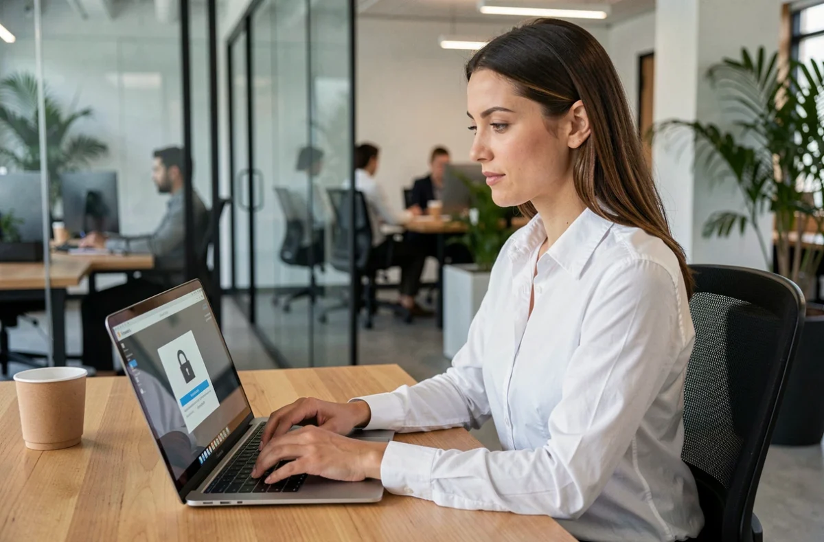 Femme professionnelle utilisant SwissTransfer sur un ordinateur portable dans un bureau moderne pour partager des fichiers en toute sécurité