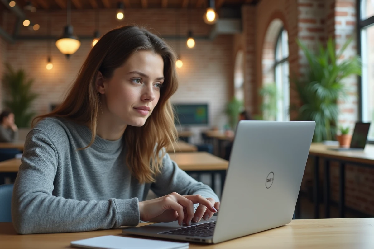 Femme pointant une touche spécifique sur un clavier Dell dans un espace de coworking, vue en trois quarts