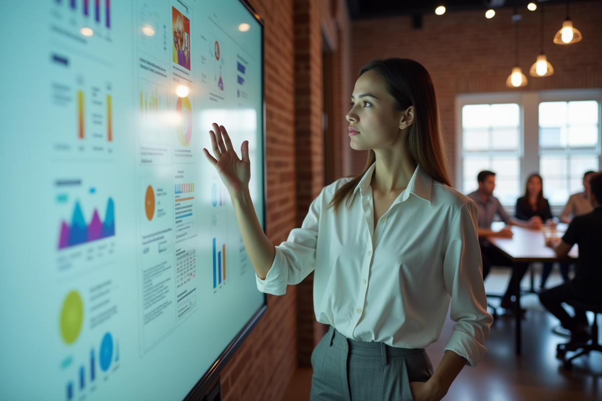 Femme en réunion expliquant un diagramme sur tableau digital