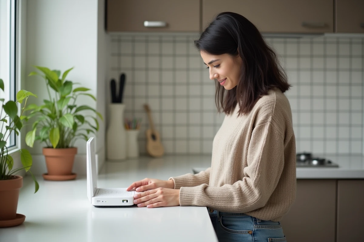 Femme examinant un routeur WiFi blanc dans la cuisine