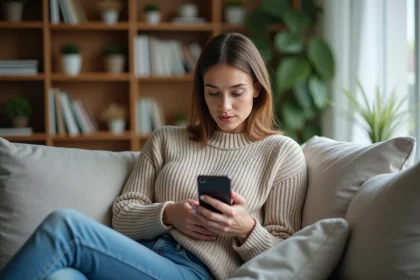 Femme détendue utilisant son smartphone dans un salon