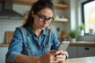 Jeune femme en denim planifiant un message WhatsApp