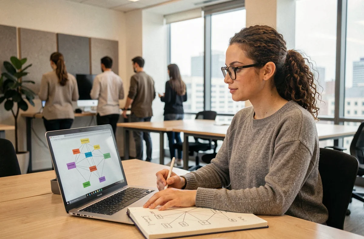 Femme en open space expliquant un schéma de réseau VLAN sur ordinateur portable avec des notes manuscrites