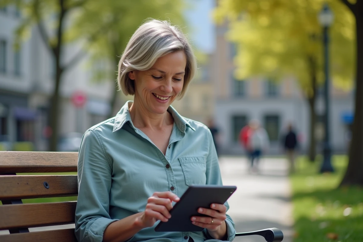 Femme souriante utilisant une tablette dans un parc urbain