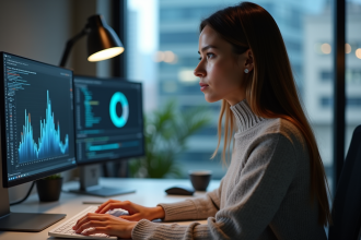 Jeune femme concentrée travaillant en SEO dans un bureau moderne