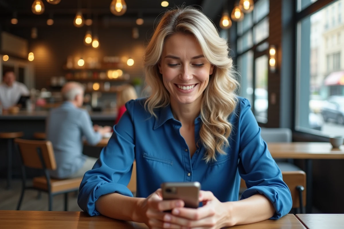 Femme souriante utilisant son smartphone dans un café animé