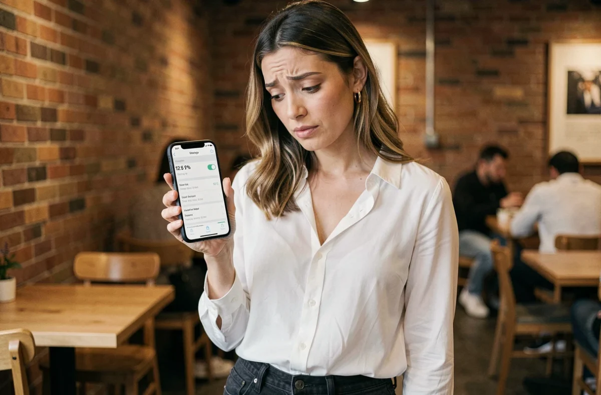Femme consultant les paramètres de stockage en mégaoctets et gigaoctets sur son smartphone dans un café urbain