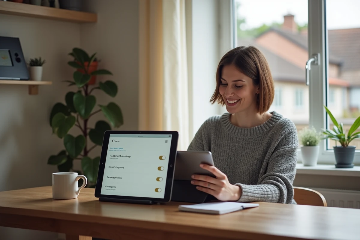 Femme avec tablette et réseau internet dans la maison