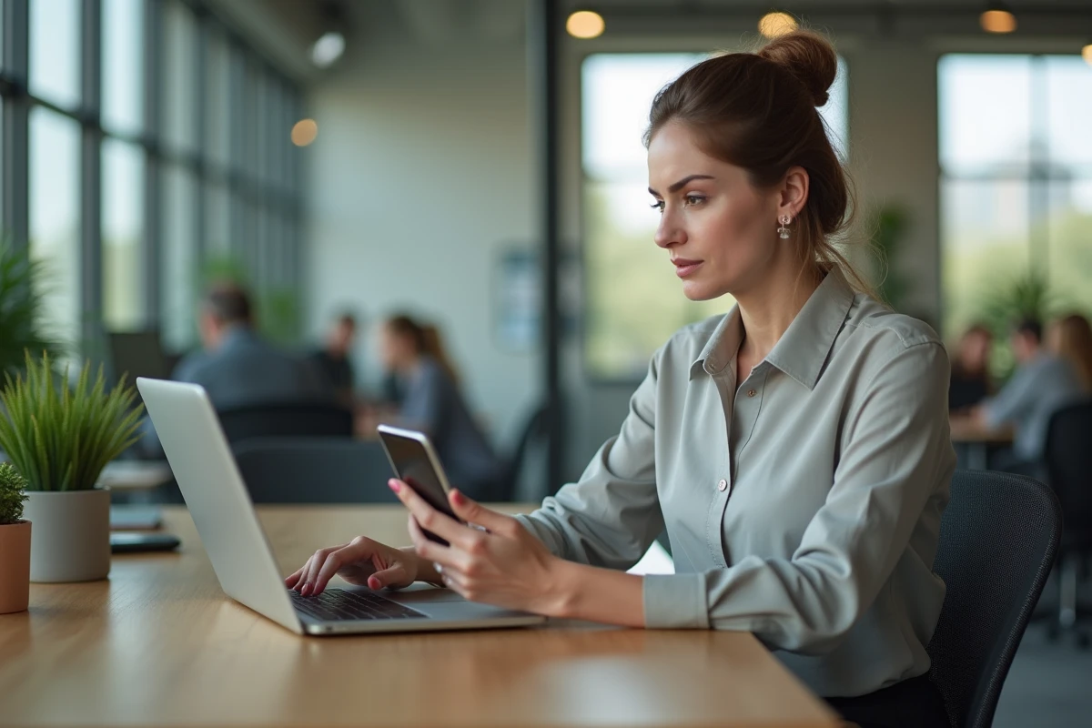 Femme en coworking avec ordinateur et smartphone concentrée