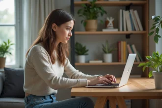 Jeune femme concentrée travaillant sur un ordinateur portable à la maison