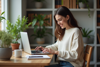 Jeune femme travaillant sur une tablette dans un bureau cosy
