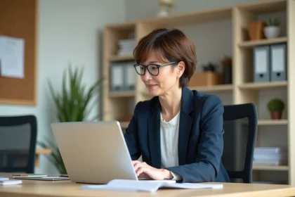 Femme d'affaires triant ses emails au bureau