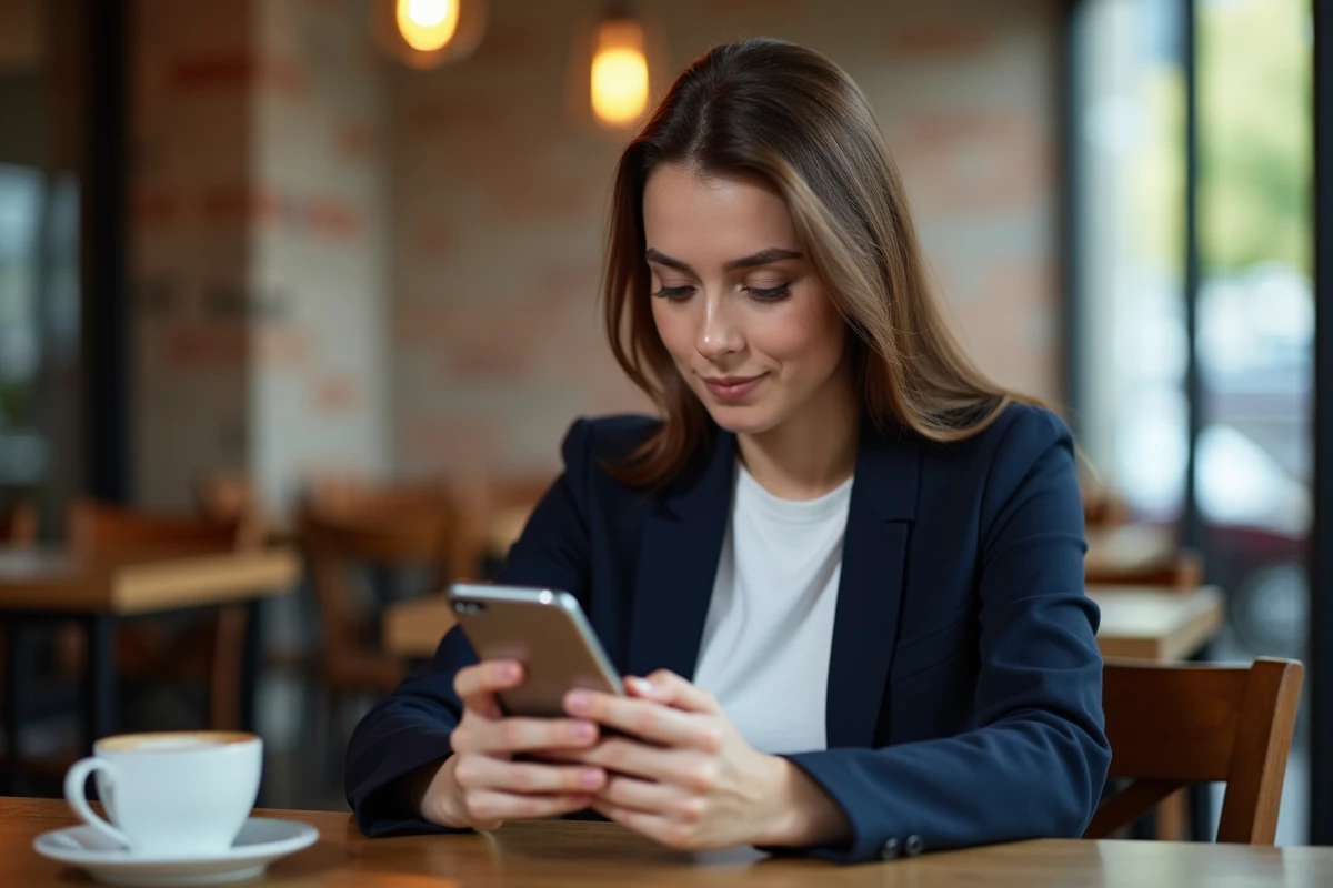 Une femme utilise un grand smartphone iPhone dans un café urbain avec une brique apparente en arrière-plan