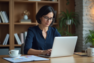 Femme vérifiant une checklist d'accessibilité sur son ordinateur