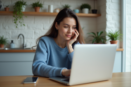 Jeune femme vérifiant ses paiements sur son ordinateur portable