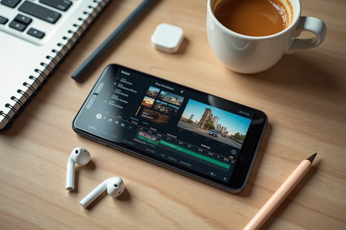 Vue aérienne d'un smartphone affichant une interface d'application de sous-titrage vidéo posé sur un bureau minimaliste avec café et écouteurs
