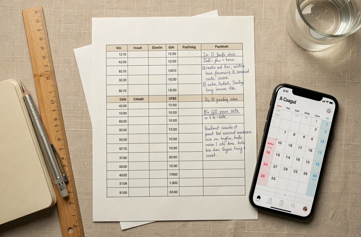 Vue de dessus d'un bureau avec un tableau de calcul de dates imprimé, annotations manuscrites et smartphone affichant un calendrier
