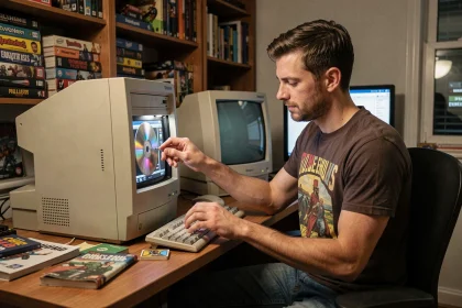 Gamer rétro installant Windows 7 depuis un DVD sur un ancien PC de bureau avec écran CRT et boîtier beige