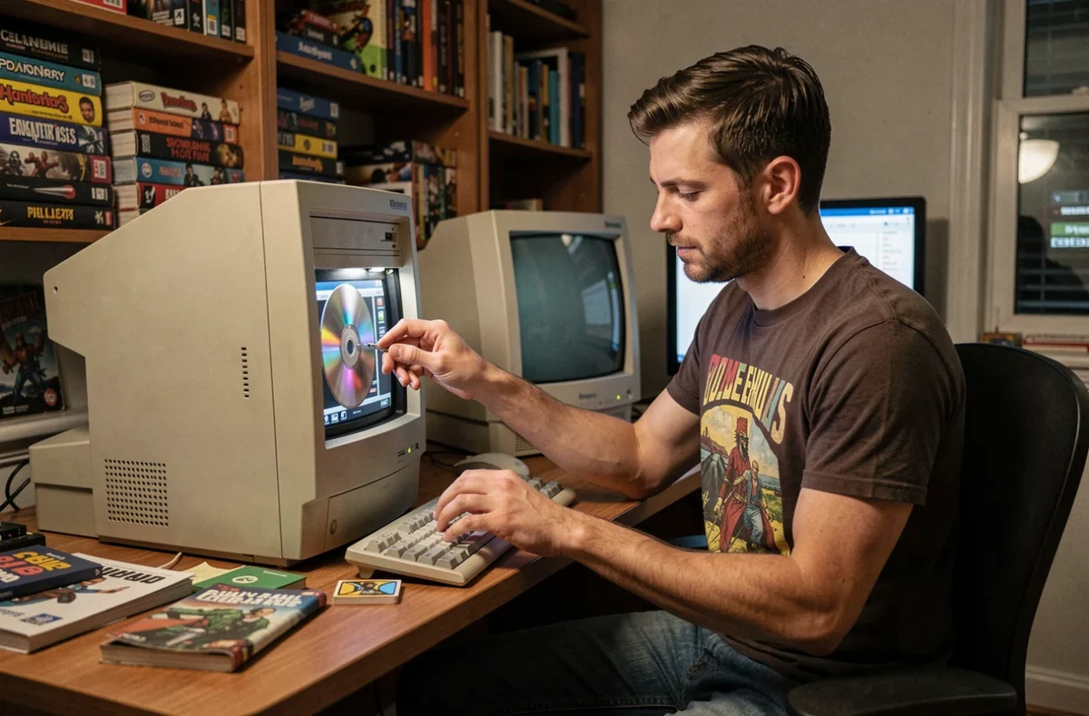 Gamer rétro installant Windows 7 depuis un DVD sur un ancien PC de bureau avec écran CRT et boîtier beige