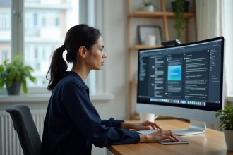 Femme gérant plusieurs identités en ligne avec des adresses email temporaires sur un ordinateur de bureau à domicile