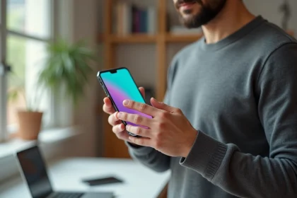 Homme tenant le Google Pixel 8 Pro en main dans un bureau moderne, affichant l'interface Android