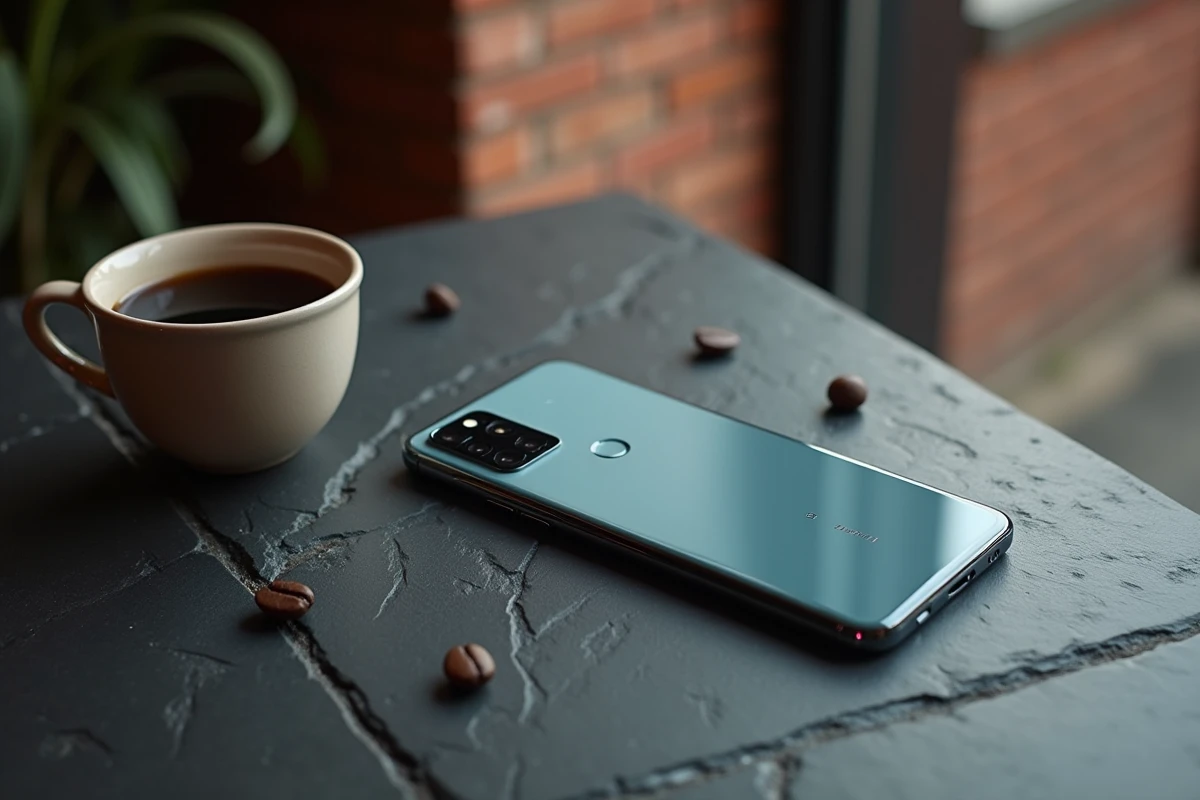 Google Pixel 8 Pro posé sur une surface en ardoise dans un café avec une tasse de café, vue de dessus