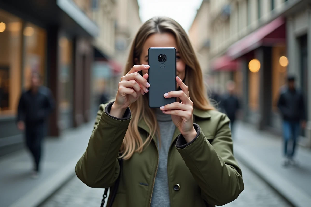 Femme utilisant le Google Pixel 8 Pro pour photographier une rue urbaine, illustration de l'usage photo du smartphone