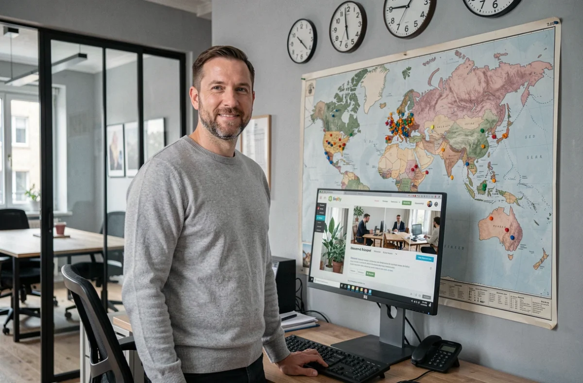 Chef de projet d'une agence Shopify parisienne gérant des projets e-commerce internationaux devant une carte du monde