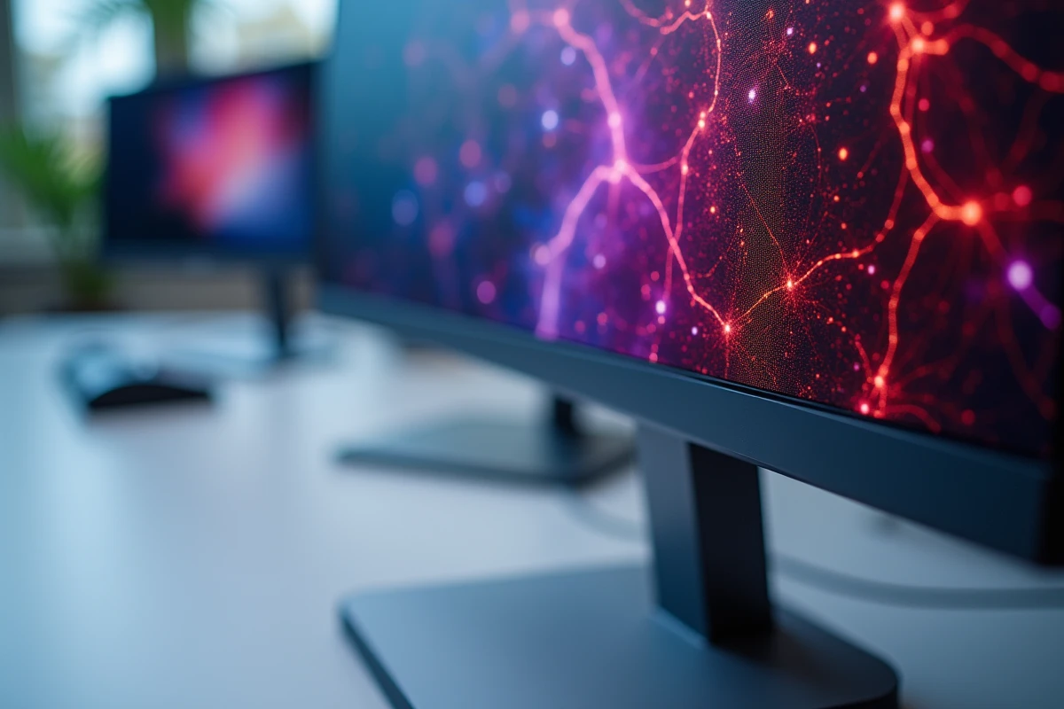 Gros plan sur la surface d'un écran OLED 1440p comparant la profondeur des noirs et la netteté des pixels face à un panneau LCD standard