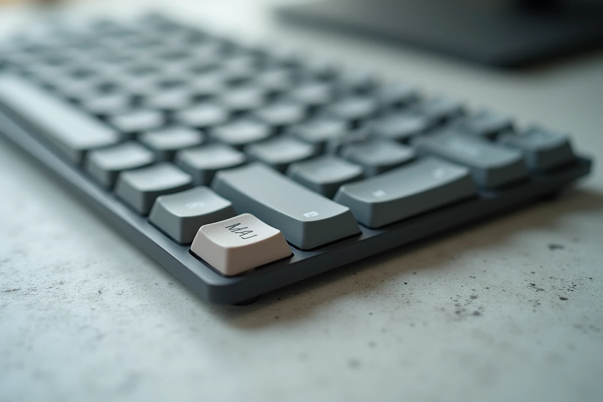 Gros plan sur la touche Maj d'un clavier AZERTY posé sur un bureau en béton