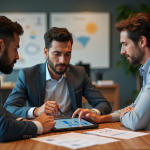 Groupe de jeunes professionnels autour d'une tablette blockchain