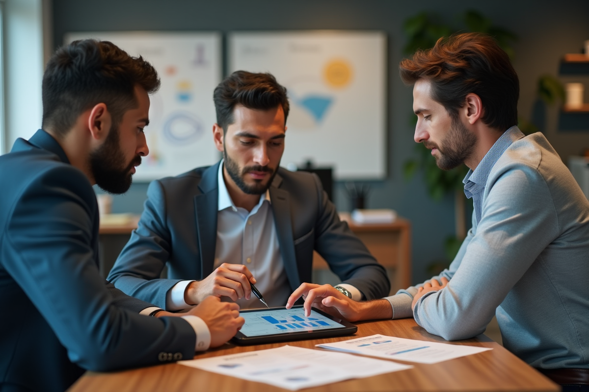 Groupe de jeunes professionnels autour d'une tablette blockchain