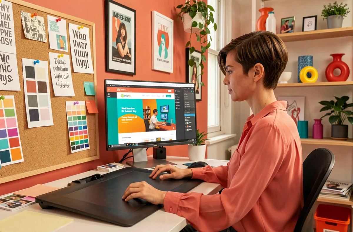 Designer UI d'une agence Shopify parisienne entourée de moodboards et travaillant sur l'identité visuelle d'une boutique en ligne