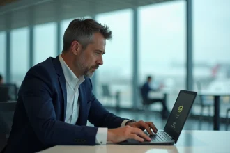 Homme en costume regardant un ordinateur avec erreur wifi