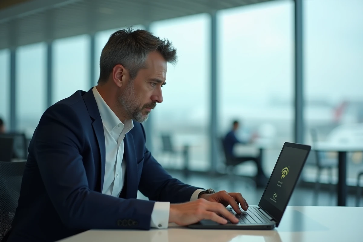 Homme en costume regardant un ordinateur avec erreur wifi