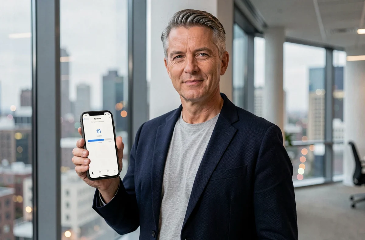 Homme d'affaires utilisant une application de transfert de fichiers sécurisé sur smartphone dans un espace de coworking
