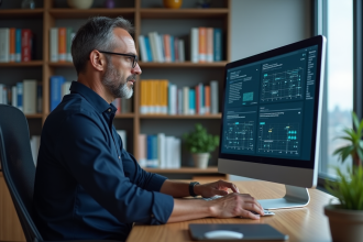 Homme d'affaires analysant des diagrammes de bases de données