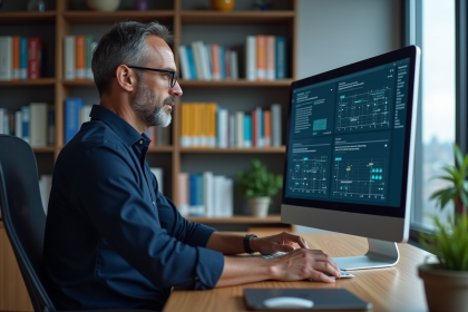 Homme d'affaires analysant des diagrammes de bases de données