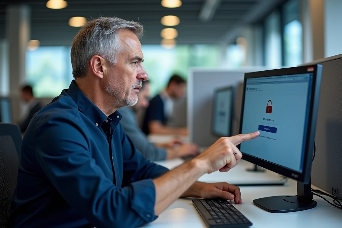 Homme en bureau analysant une erreur de connexion sur une messagerie académique institutionnelle