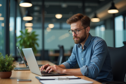Homme concentré travaillant sur son ordinateur dans un bureau moderne