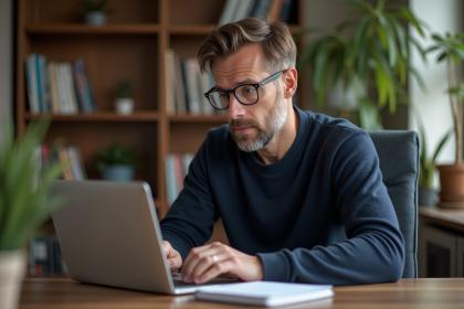 Homme d'âge moyen concentré devant son ordinateur dans un bureau cosy