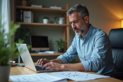 Homme d'âge moyen au bureau concentré sur son ordinateur