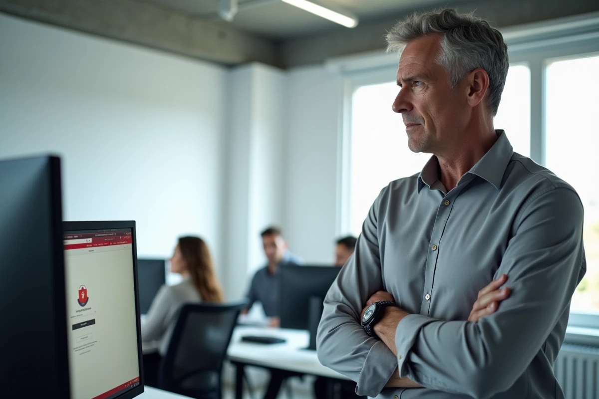 Homme debout face à une erreur d'authentification sur le webmail académique de Normandie au bureau