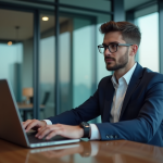 Homme d'affaires concentré travaillant sur son ordinateur en bureau moderne