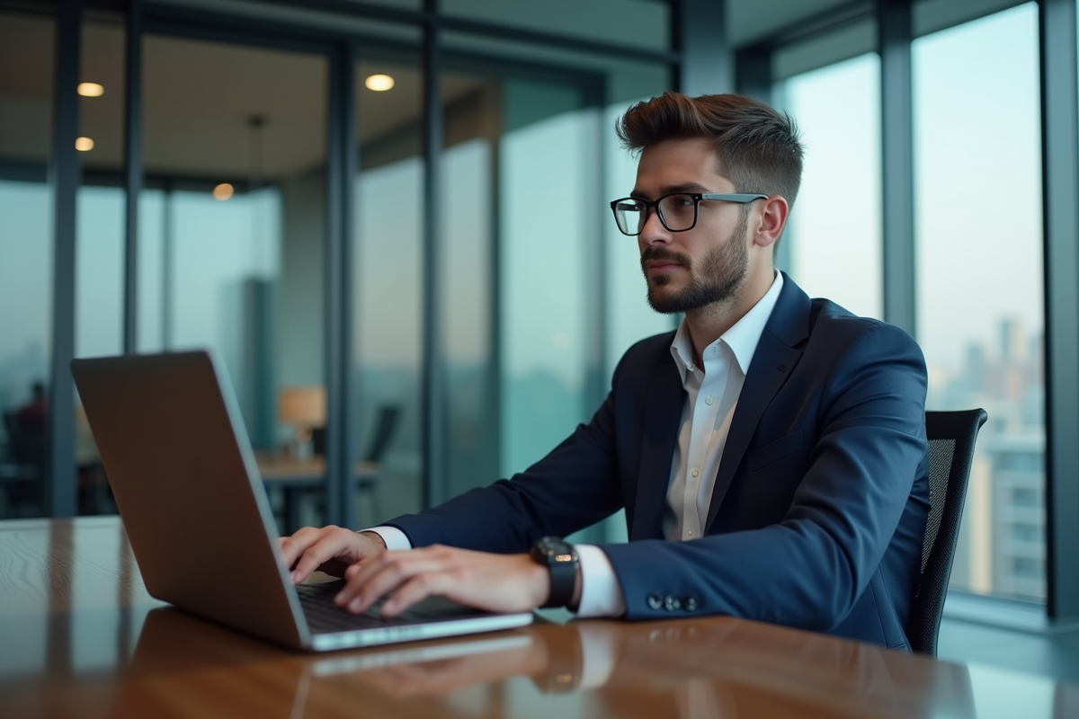 Homme d'affaires concentré travaillant sur son ordinateur en bureau moderne