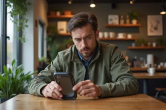 Homme détendu examinant un smartphone dans un café