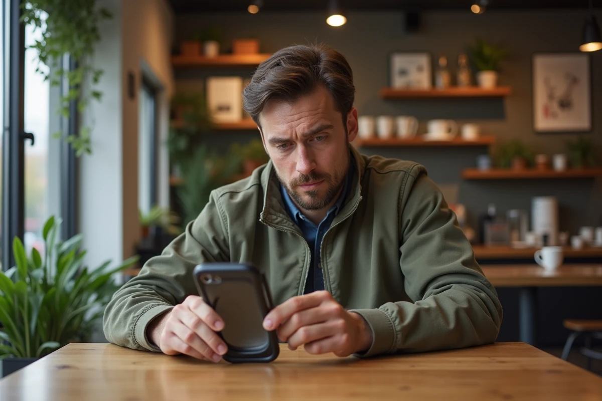 Homme détendu examinant un smartphone dans un café