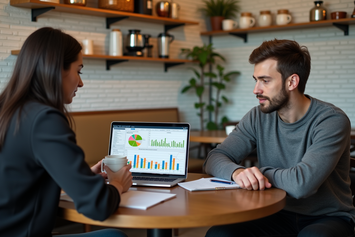 Homme travaillant avec un collègue dans un café avec un ordinateur portable