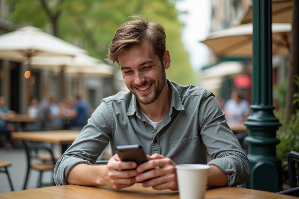 Jeune homme souriant au café en ville avec son téléphone