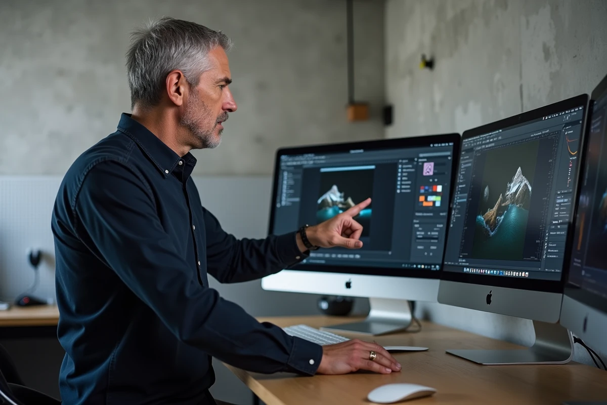 Homme comparant deux logiciels d'édition d'images sur iMac dans un studio de travail minimaliste